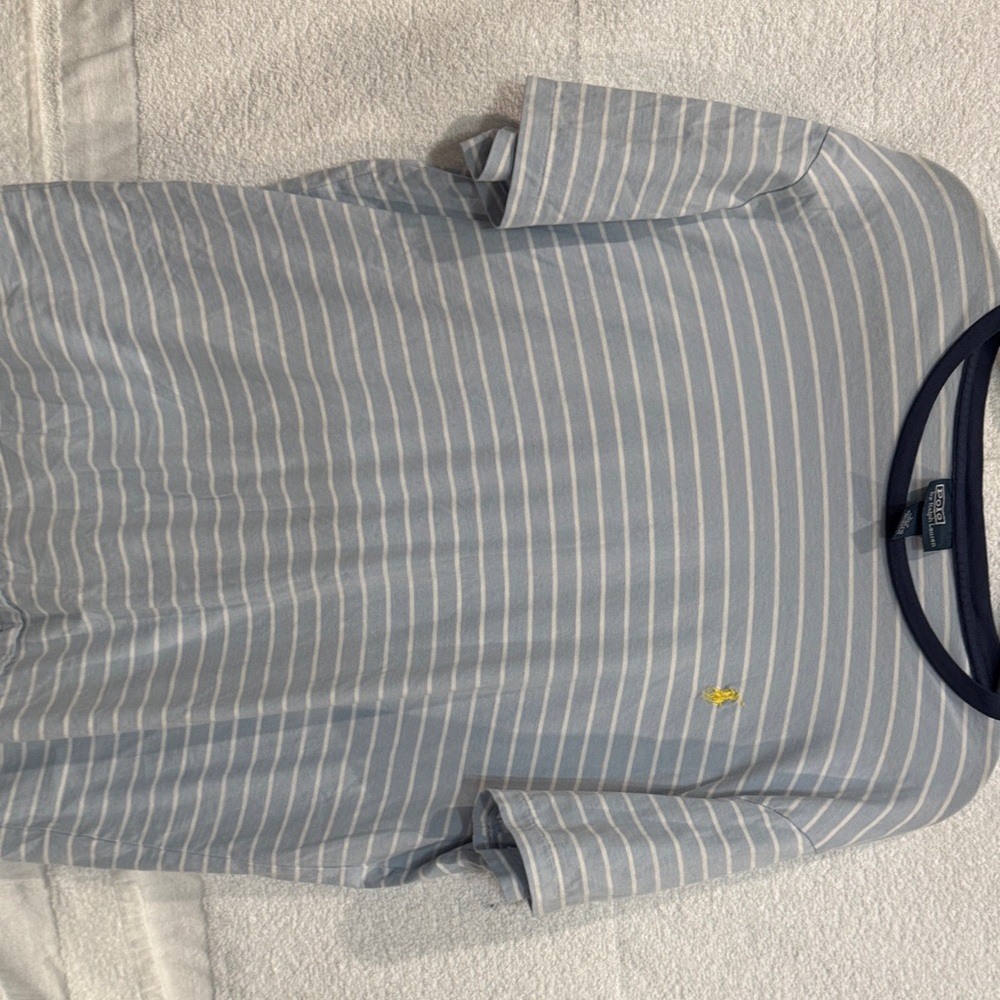 Polo by Ralph Lauren Men's Light Blue Striped Tee (small hole on left side)